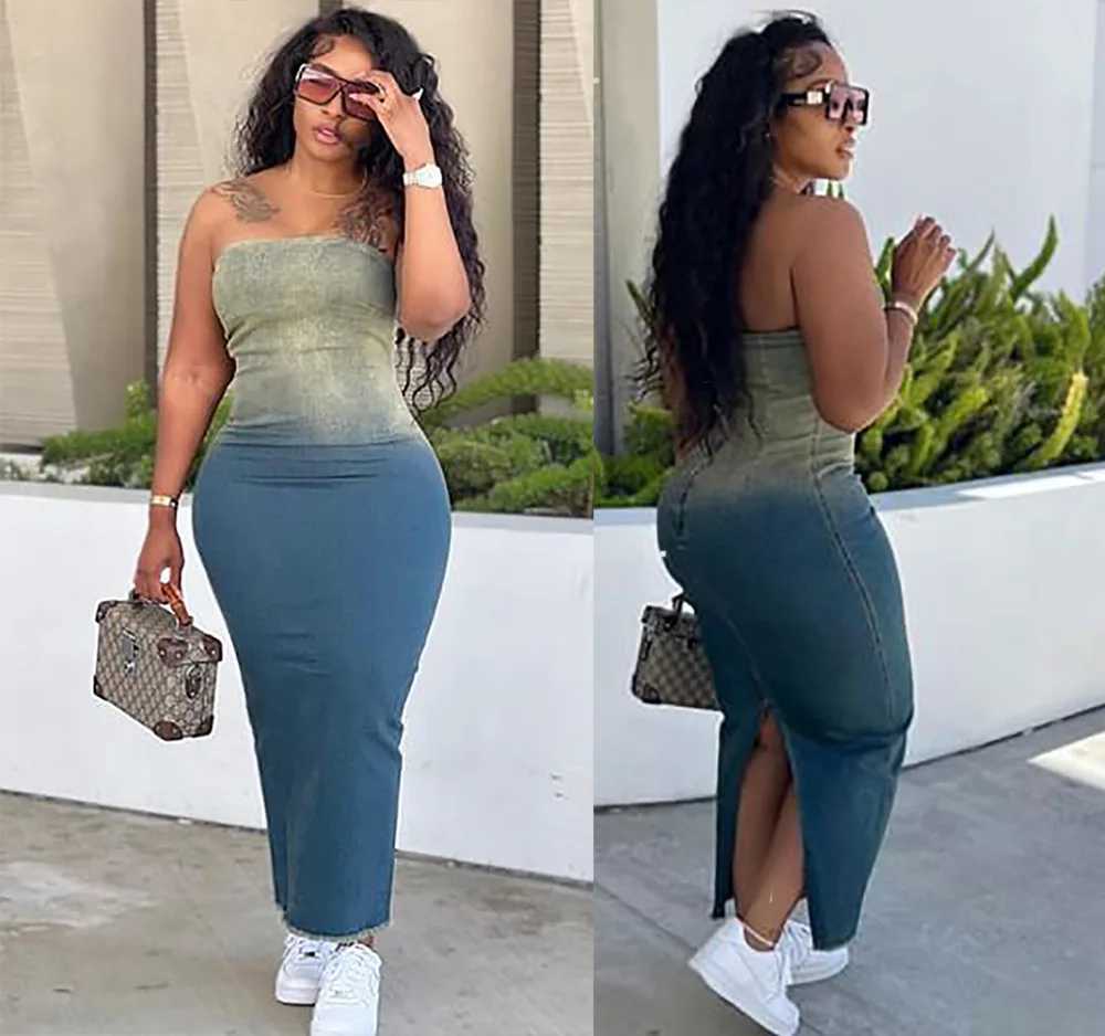 Summer Gradient Womens Denim Dress Fashion Corset Sleeveless Sexy Backless Slim Womens Slit Long Dresses Stretch Jeans DressXJ250514