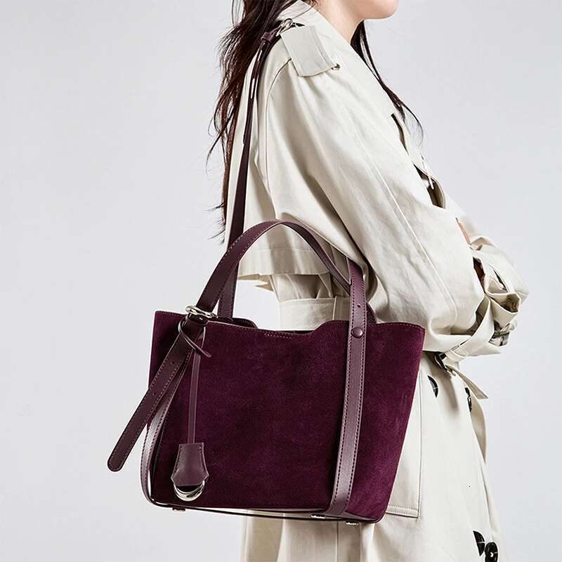Women's Brushed Genuine Leather Shoulder Vintage Suede Red Bucket Large Capacity Handbag With Cosmetic Bag 2025