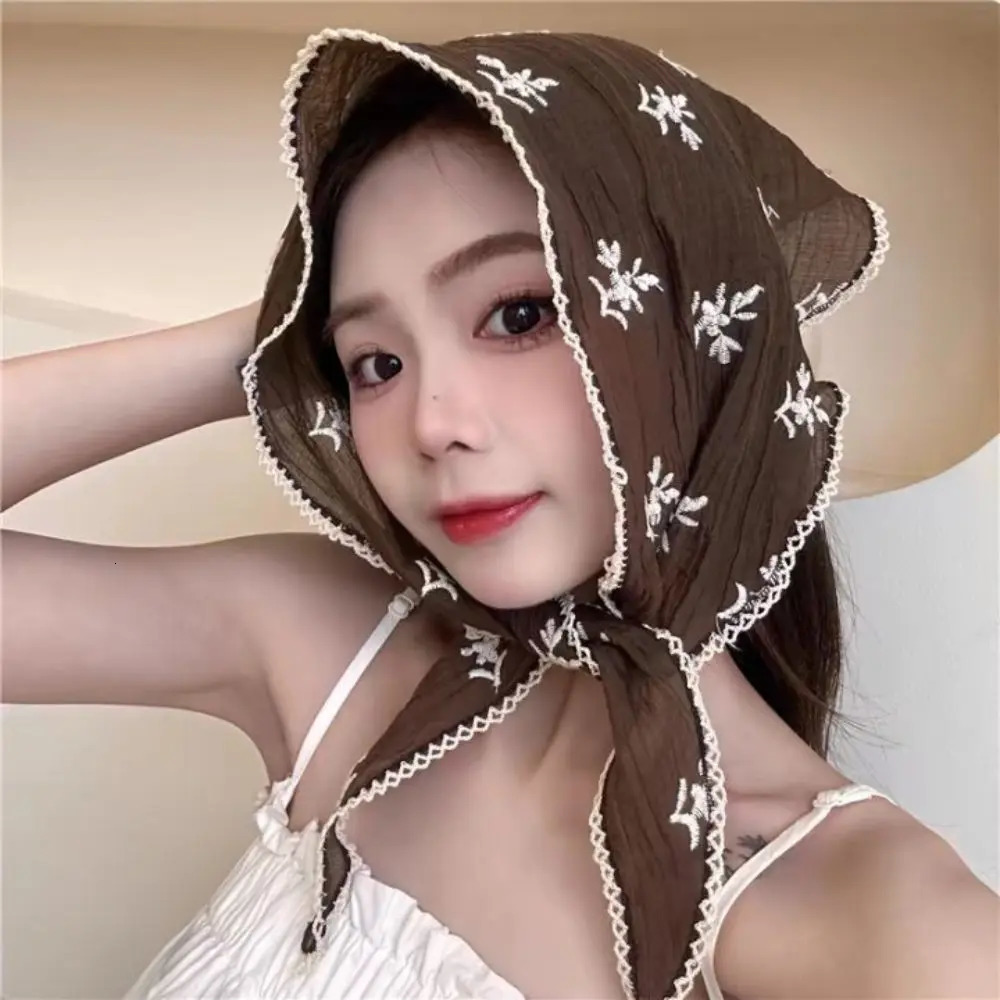 Linen Cotton Lace Triangle Scarf for women sun protection Headscarf Summer Anti-UV Headband Travel Po Flower Small Shawls 250514