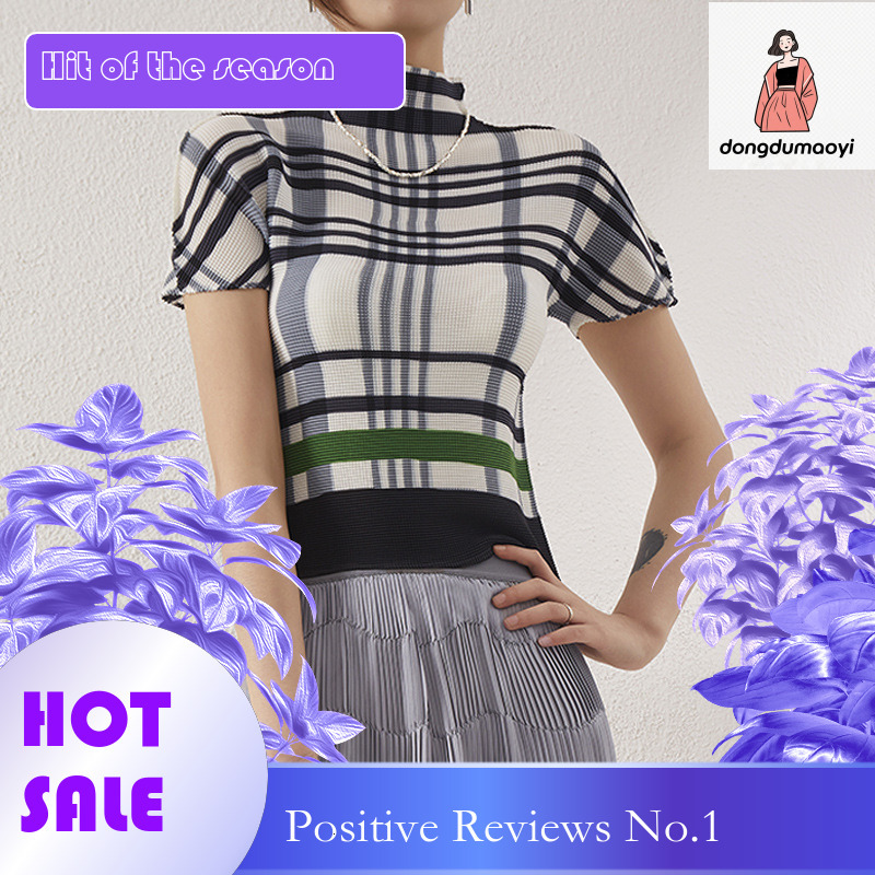 dongdumaoyi Miyake High Half T-shirt for Women's Summer 2024 New 3D Design Round Collar Folded Short Sleeve Top