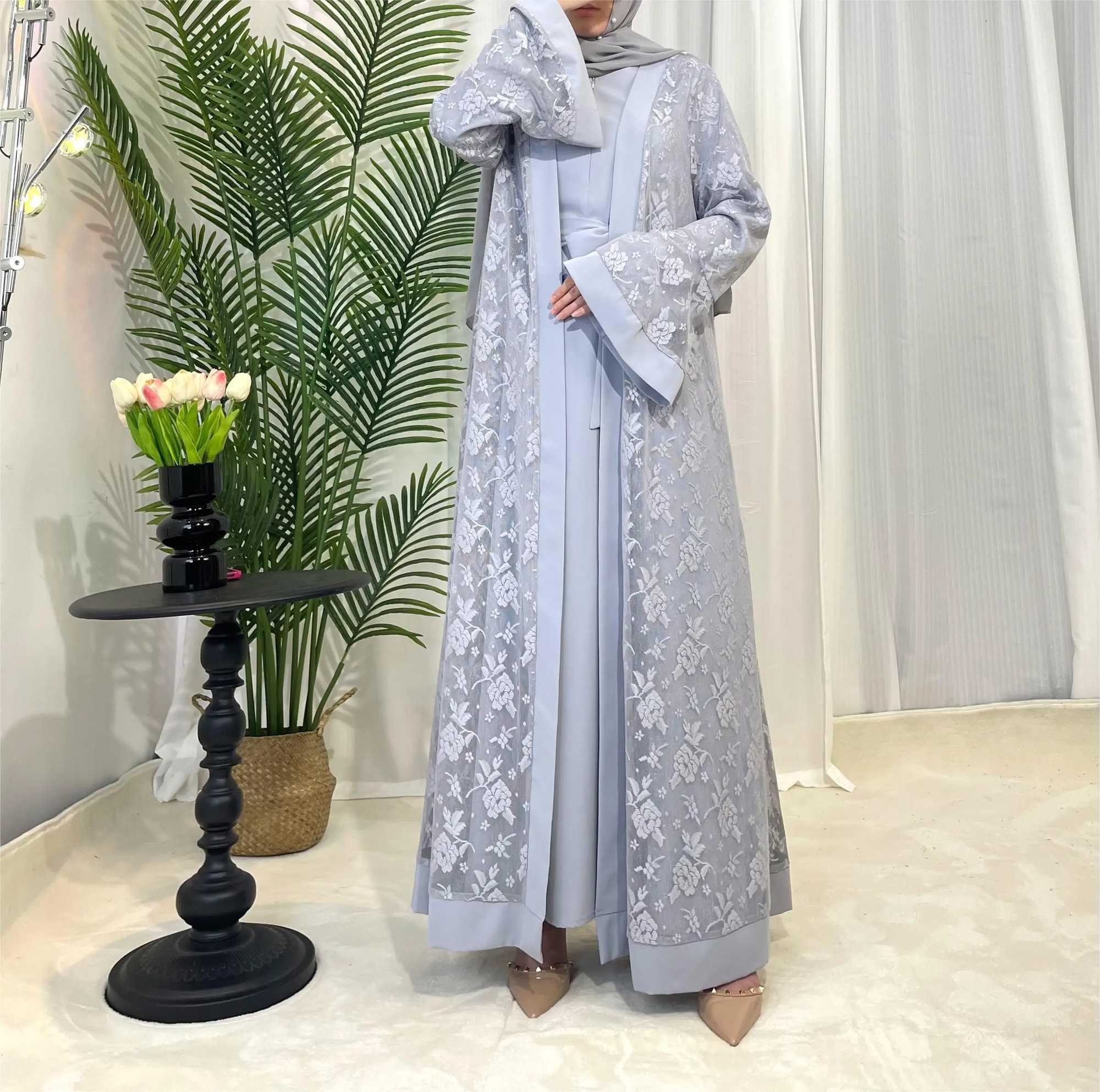 Lace two-piece outfit lace abaya inner dress and cardigan nida abaya muslim dres X250514