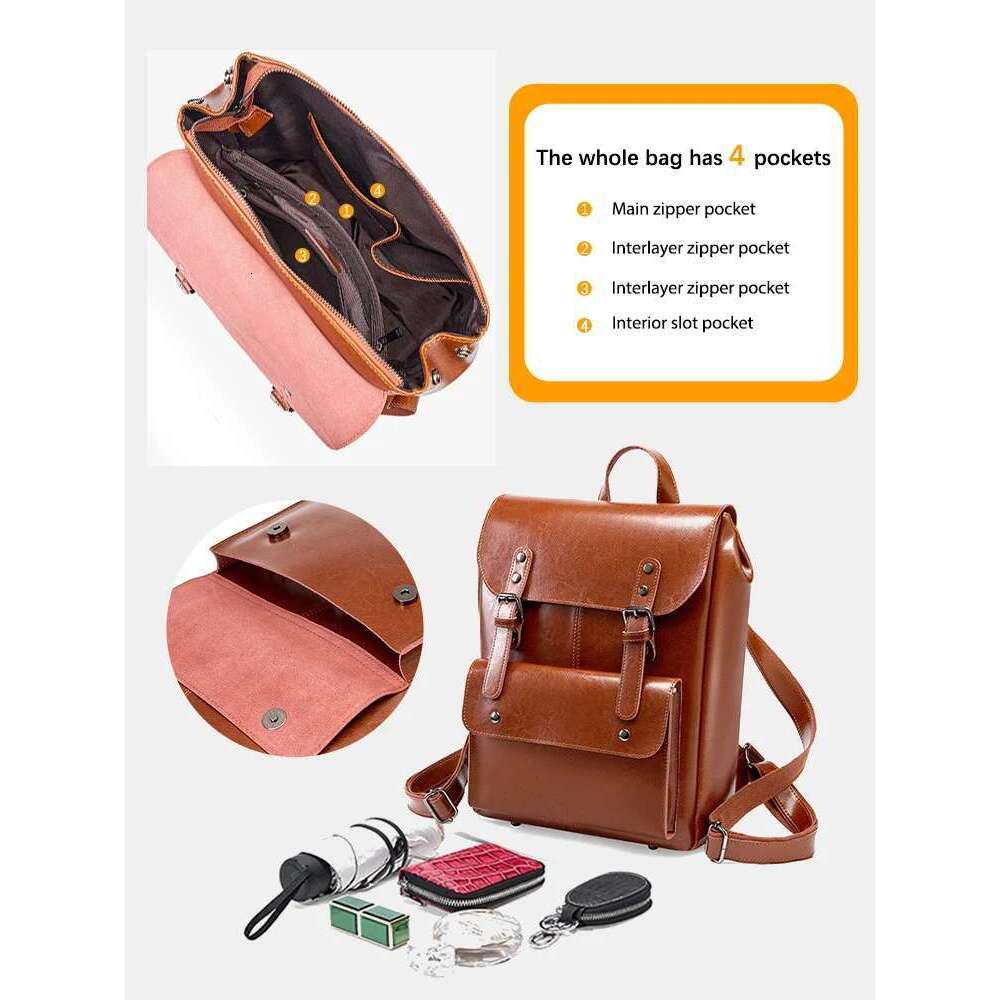 Zency Genuine Leather Women Travel Backpack Large Capacity For 14 Inch Laptop Rucksack Wear Resistant Oil Wax England Style Bag