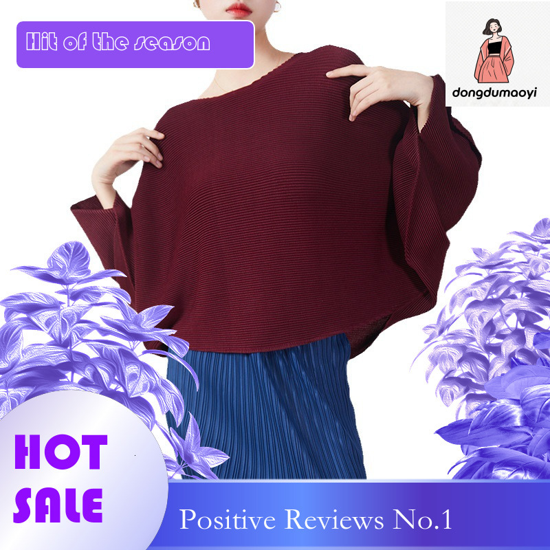 dongdumaoyi Miyake Bat Sleeve Top for Women 2024 Spring Autumn Fold New Style Loose and Slimming Round Neck T-shirt Solid Color Base Shirt