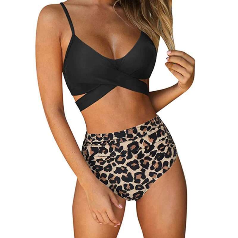 Two-Pieces Push-Up Padded Bra Bandage Bikini Set Women Criss Cross High Waisted String Floral Printed Bathing Suits