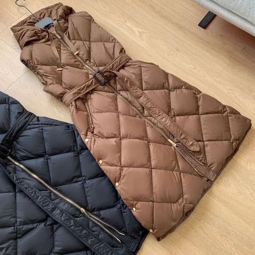 2024 New Women Down Sleeveless Vest Winter Zipper Up Belted Hooded Dia Lattice Thicken Warm Puffer Waistcoat