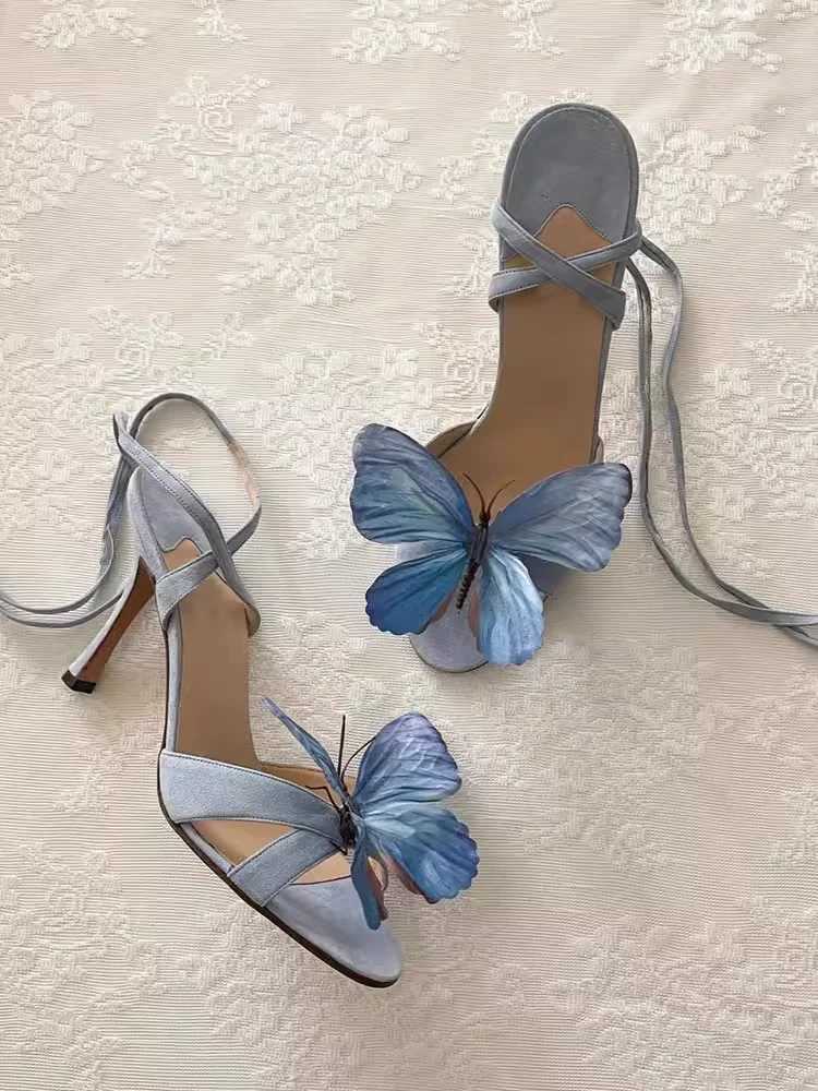 Niche 3D Butterfly Flower Sandals for Women 2024 New Summer French Fine Heel Sexy Open Toed High Heels W250514