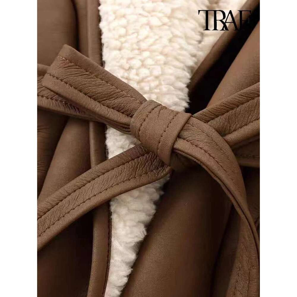 TRAF Women Fashion Autumn Elegant Plush Lapel Street Trend Lace-up Irregular Hem Casual Commuter Leather Jacket