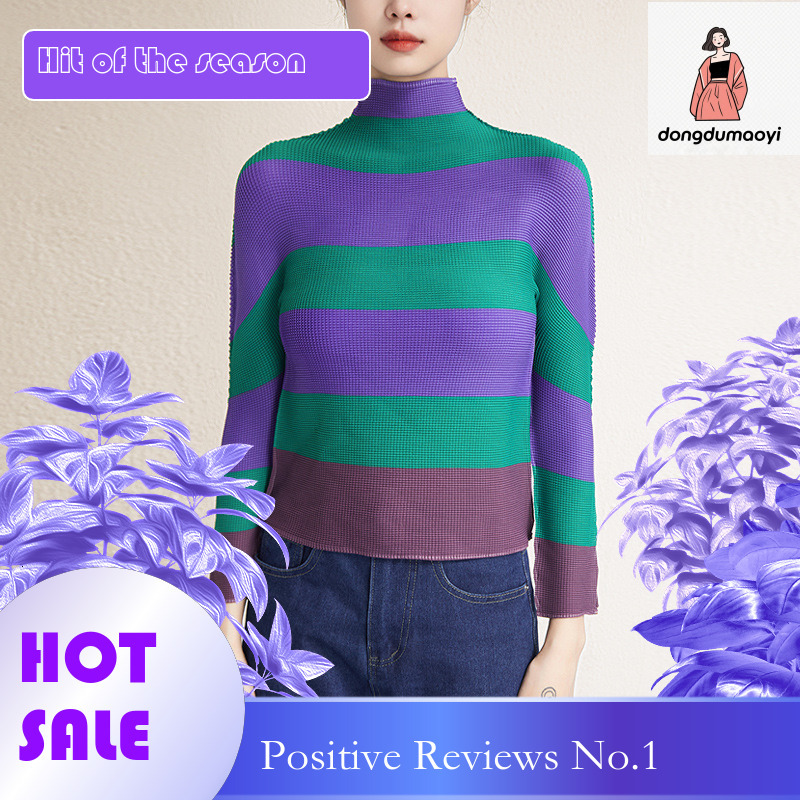 dongdumaoyi Miyake T-shirt for Women 2025 Spring Autumn Half High Collar Long Sleeve Printed Stripe Slimming Top with Fashionable and Versatile Style