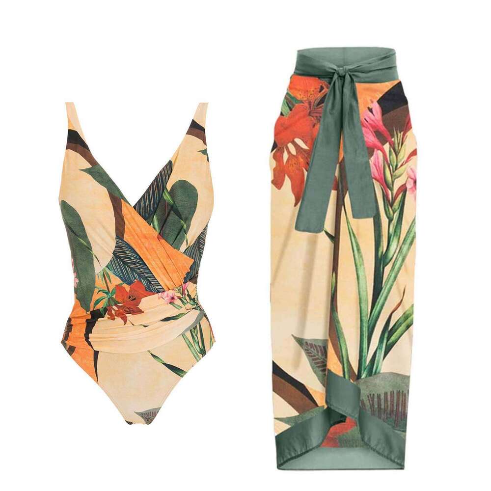 European and American one-piece women's conservative chiffon skirt two-piece swimsuit set 2025 temperament versatile new trendy clothing ins