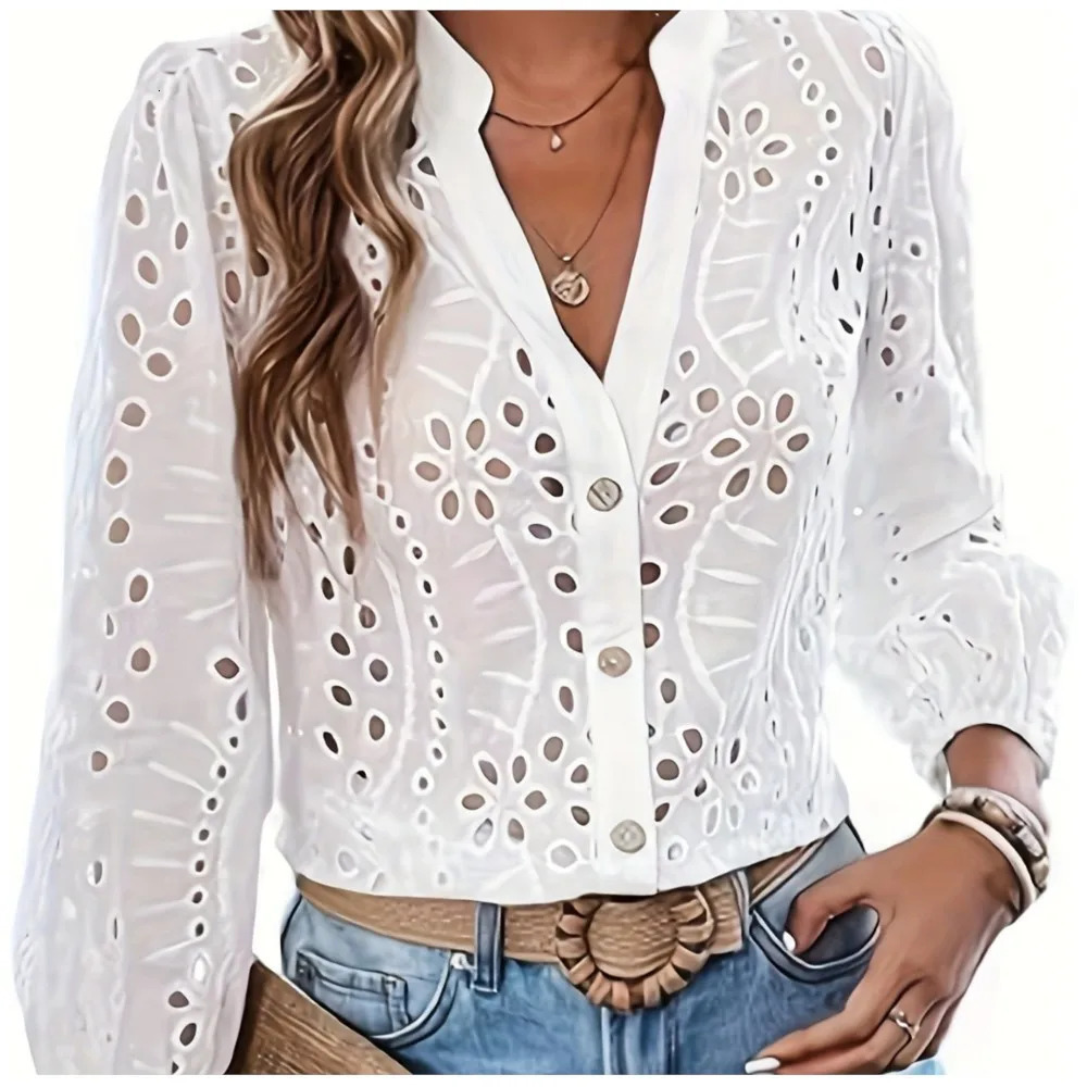 Spring Summer Fashion Hollowed Out Longsleeved Shirt For Womens Elegant Casual Simple Short Wide White Tops Ladies Streetwear 250514