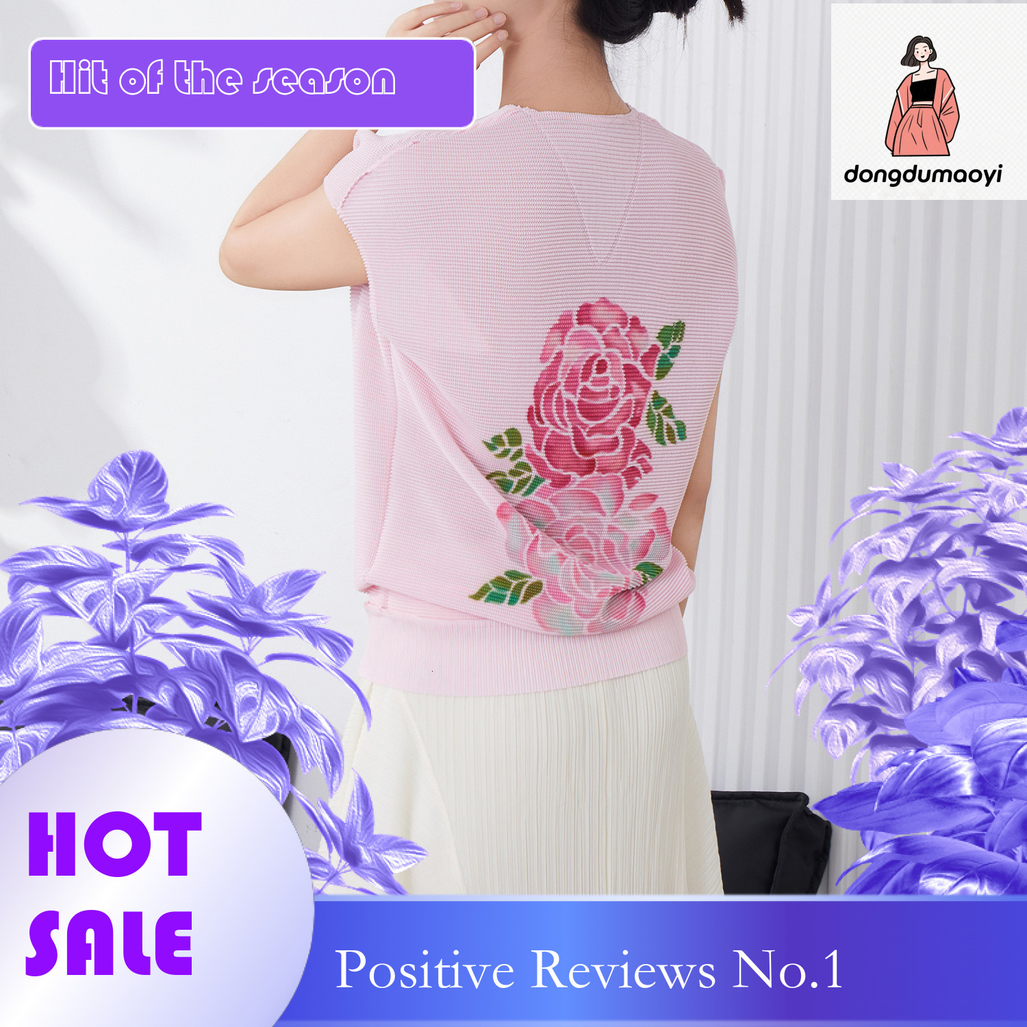 dongdumaoyi Miyake versatile design, niche fashion temperament, new pleated rose print V-neck short sleeved t-shirt for women