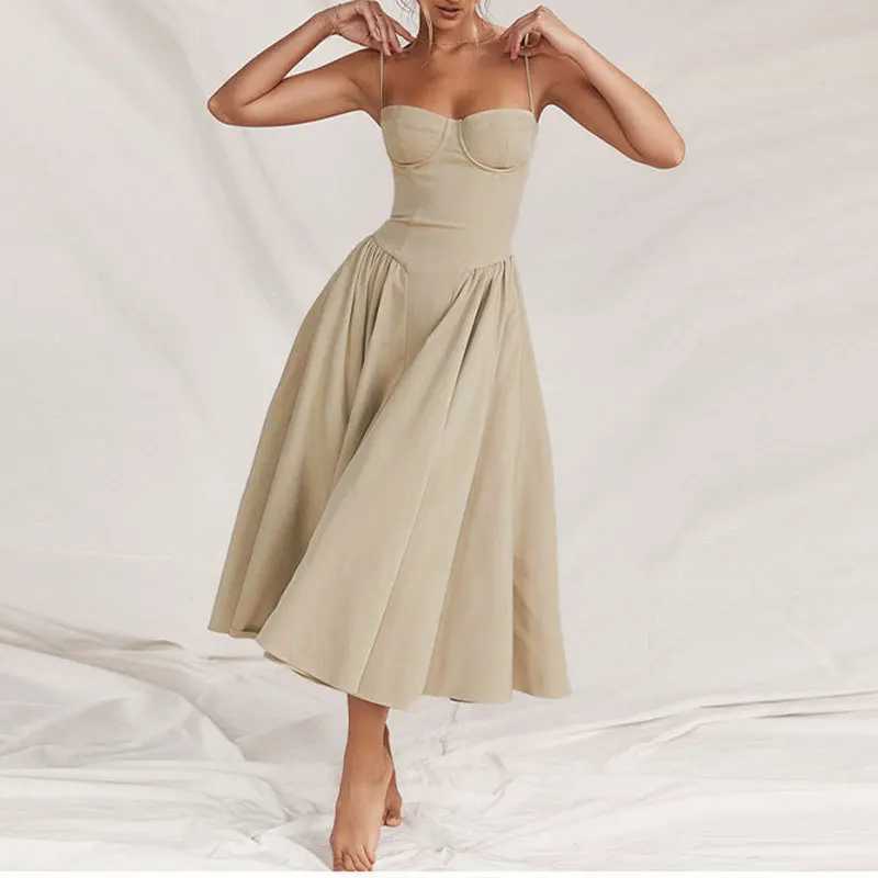 Summer Women Elegant Sleeveless Backless Pleated Dresses Lady Sexy Solid Sling Midi Dress 2024 Female Party Evening A-line Robes XJ250610