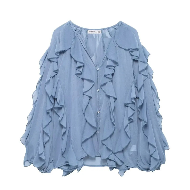 Casual Ruffled Shirt Women Loose Lace Up Hollow Out V Neck Tops Spring Blouses Clothes Shirts 4786063 250514