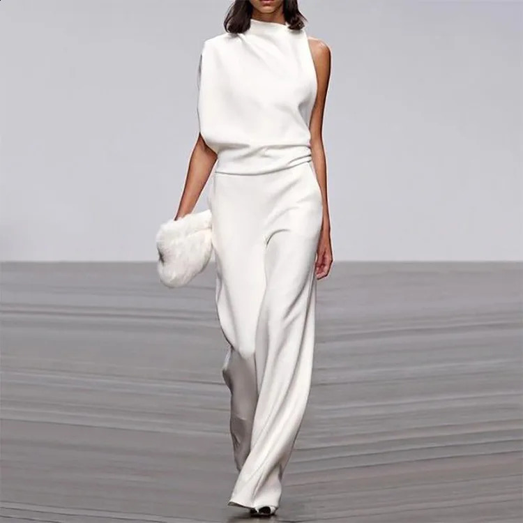 Fashion Sleeveless Solid Backless Jumpsuit Women 2025 Summer Stand Collar Elegant Lady Temperament White Jumpsuits Womens 250513