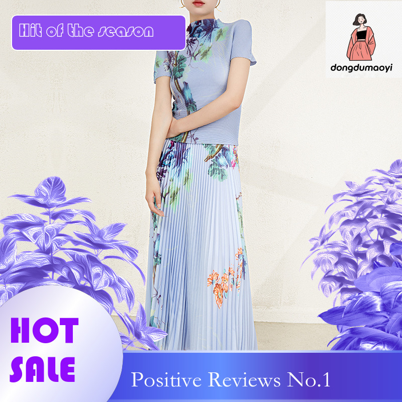 dongdumaoyi Miyake versatile T-shirt top for women 2024 new print slim fit loose A-line skirt pleated two-piece set