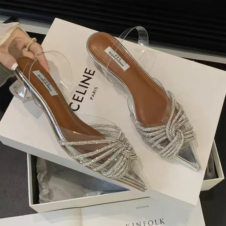 Eilyken Fashion Sgbac Pointed Toe Women Pumps Design Style Crystal PVC Transparent Low Heels Party Prom Shoes 38ec