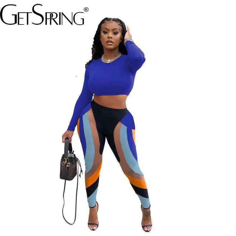 Getspring Women Leggings 2024 Autumn O Neck Full Sleeve Short Slim Top High Waist Patchwork Tight Long Pants Two Pieces Sets
