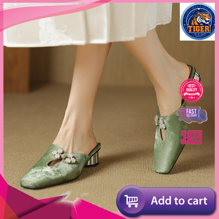 Ddmytiger Chinese Style Baotou Slippers Summer New Elegant Beaded Decoration Cm Comfortable Round Heel Outdoor Shoes