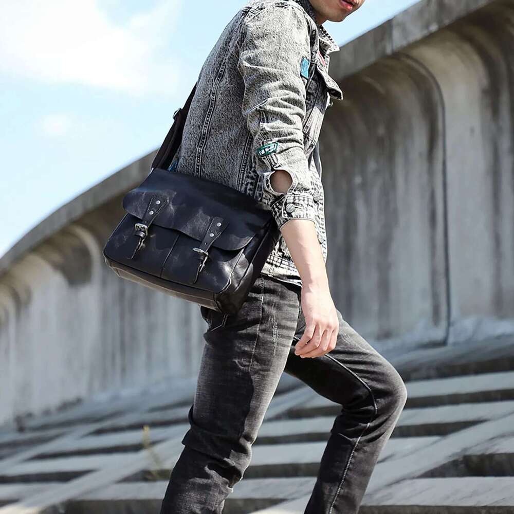 S.WORKER Genuine Leather Men's Shoulder Bag, Crossbody Simple Messenger Bags Cowhide Bag,Vegetable-tanned Fashion Casual
