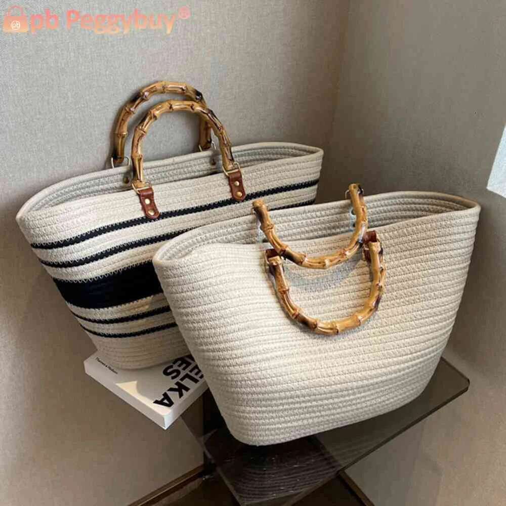Ladies Woven Tote Bamboo Handle Holiday Hand Bag Large Capacity Striped Portable Casual Fashion Exquisite For Seaside Party