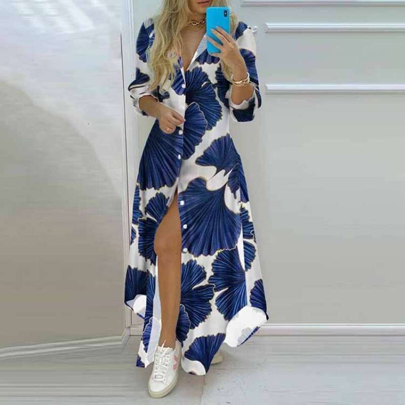 Women Clothes Dress Spring Women S Style Printed Single Breasted Split Shirt Long Dress KQ