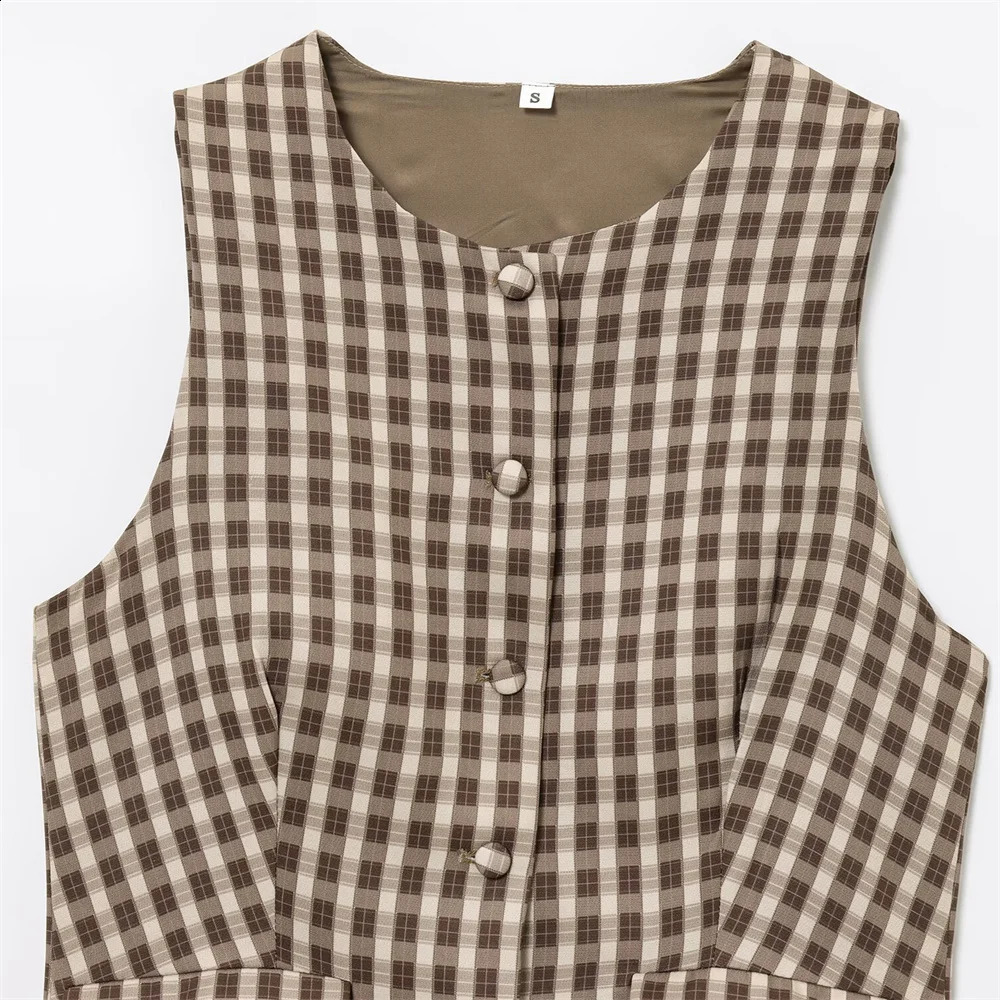 UNIZERA Womens Summer Fashionable Simple and Versatile Round Neck Sleeveless Single breasted Checkered Waist Top 250506