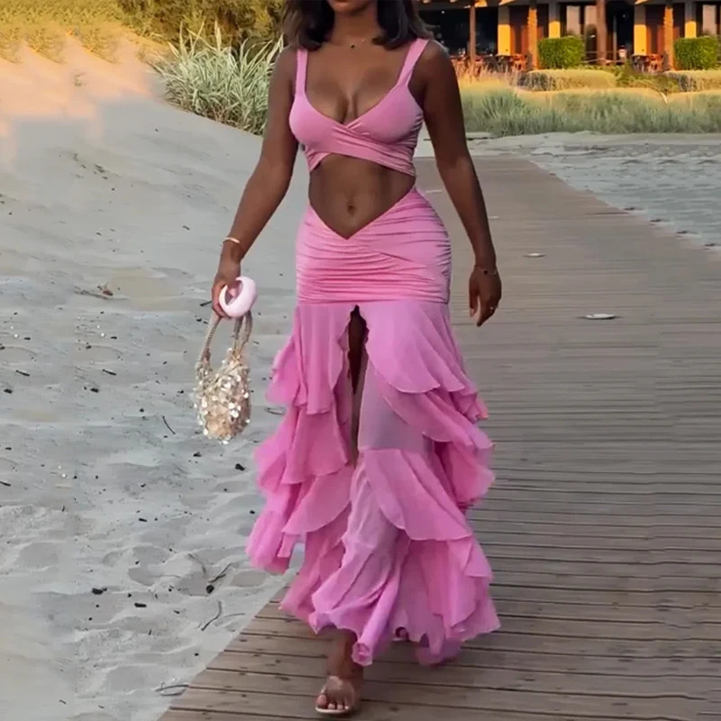Wefads Women 2 Piece Set Summer Elegant Solid Sleeveless V Neck Hollow Out Backless Tank Top Layered Pleated Long Skirt Sets 250514