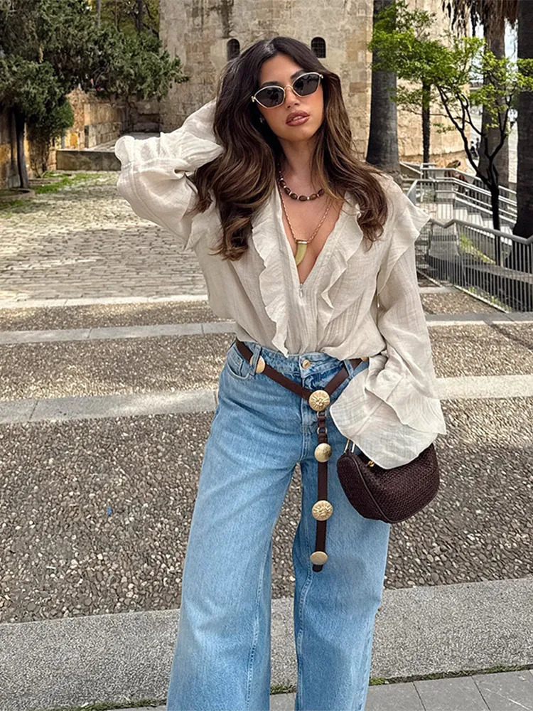 Chic Ruffle Chiffon Top Women Fashion Matching O-neck Flare Sleeves Zippers Tops Female 2025 Spring Summer Casual Lady Shirts 250513