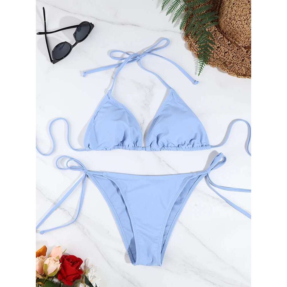 2 Pc Women Beachwear Sexy Ladies Thong Bikini Set Solid Color Swimsuit Side Halter Tie Split Strap Adjustable Brazilian Swimwear 250514