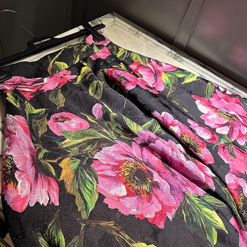 Women's Cotton Jacquard Floral Print Midi Skirt Summer New Arrival Elegant High-Waist Pleated Silk Lining Calf-Length Clothes Runway Fashion Clas