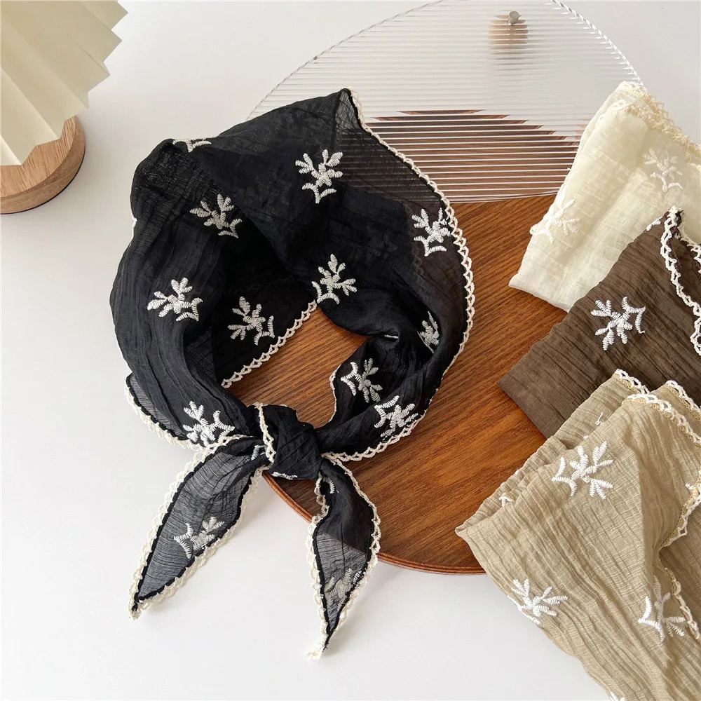Linen Cotton Lace Triangle Scarf for women sun protection Headscarf Summer Anti-UV Headband Travel Po Flower Small Shawls 250514