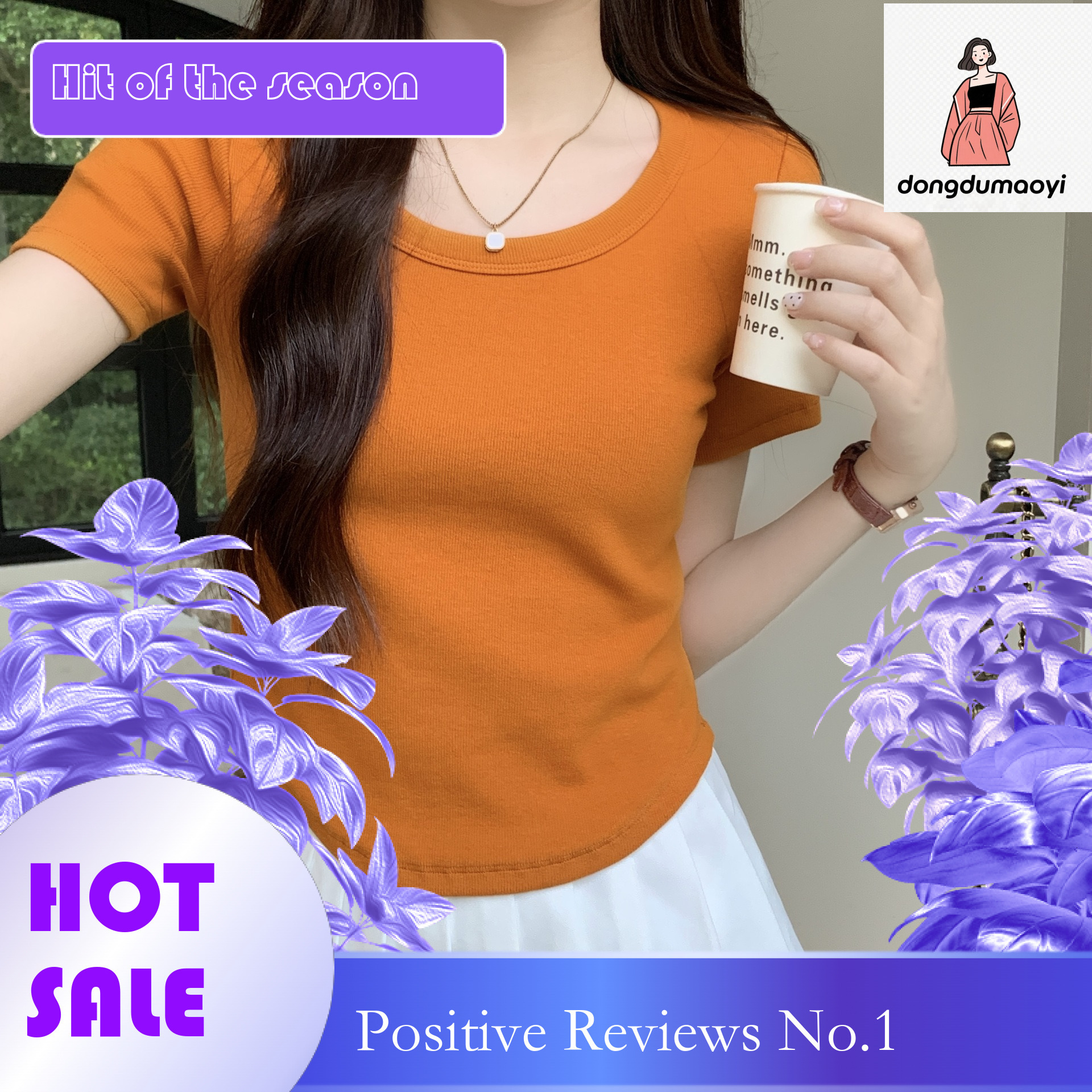 dongdumaoyi Basic solid color shoulder short sleeved T-shirt for women in summer, dopamine hem irregular design, slim fit low round neck top
