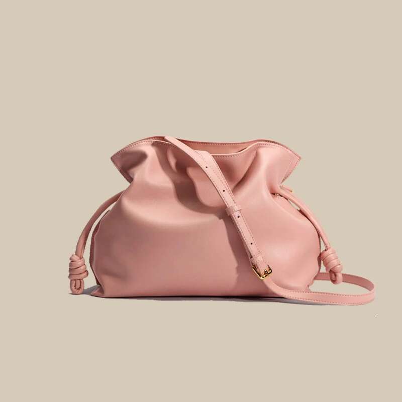 Spanish Elegant Cowhide Crossbody Shoulder Bag,Drawstring Pleated Lucky Bag,Designer Solid Color Women's Bucket Handbag