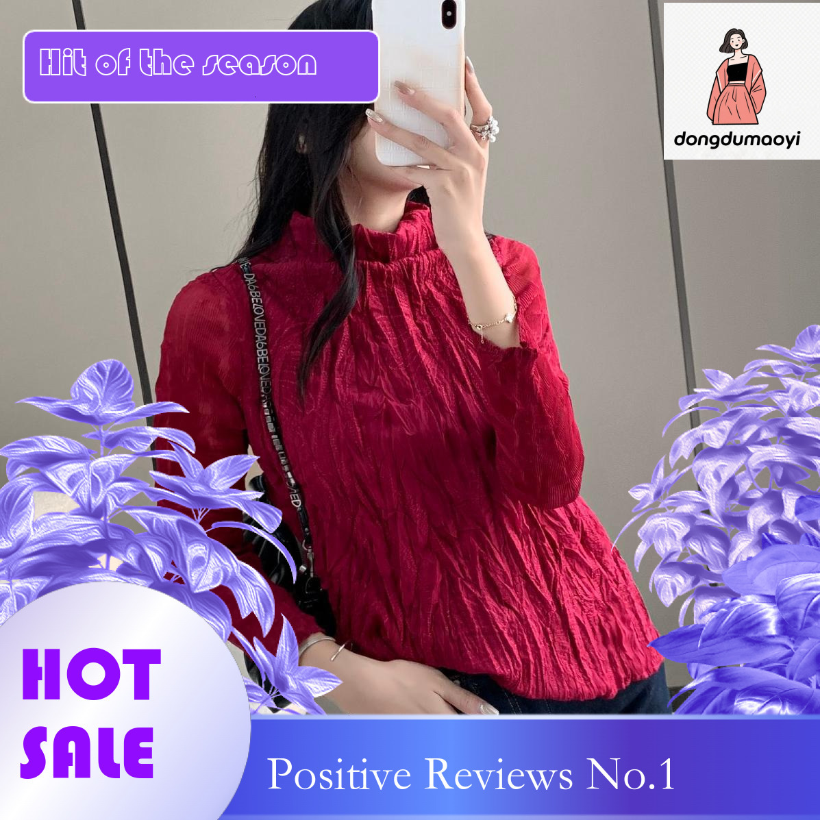 dongdumaoyi Frech high-ed embroidered base shirt, Miyake autum ad witer plus size wome's clothig, coverig the belly to show off weight, pleated T