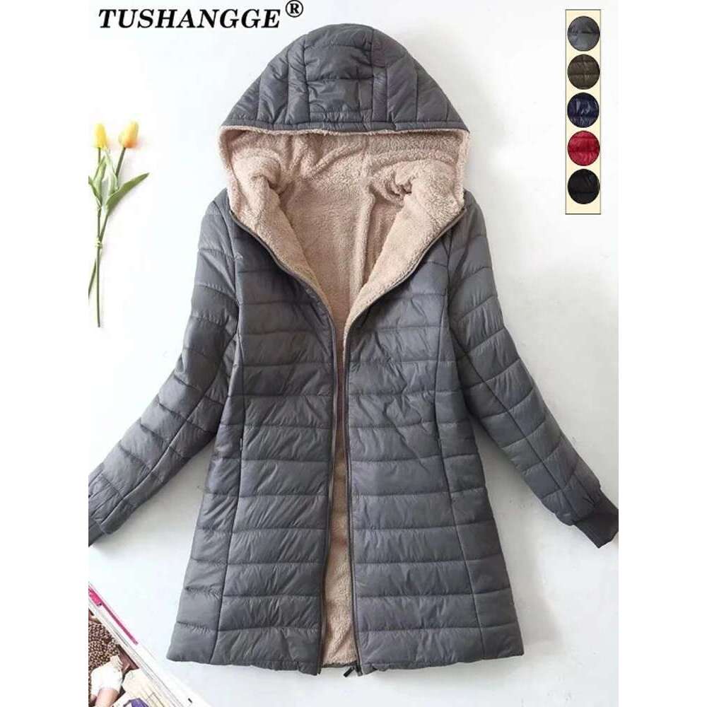 New Mid Length Korean Edition Hooded Fit Women Jackets Autumn Winter Mid-Length Office Cotton Coats Warm Lamb Fleece Parkas Designer