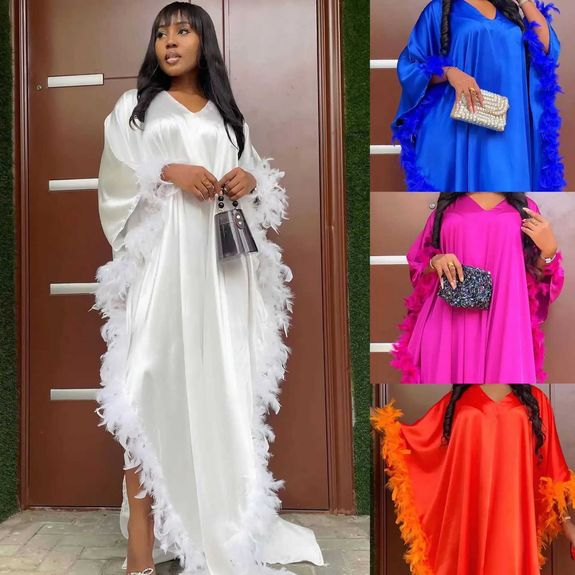Elegant African Feather Dresses for Women Muslim Bat Slve Boubou Abaya Robe Dashiki Ankara Evening Gown Kaftan Long Maxi Dress X250514