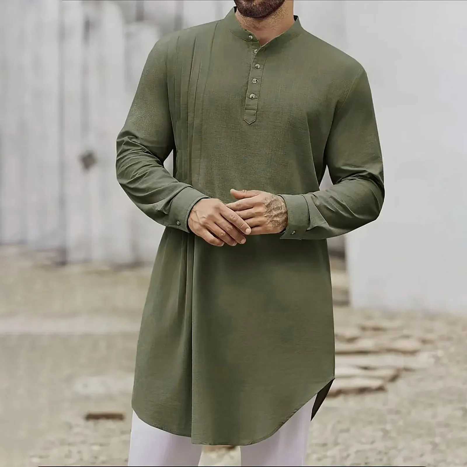Men Cotton Linen Jubba Thobe Long Sleeve Button Kaftan Long Gown Shirt Casual Musulmane Islamic Arabian Muslim Prayer Robe X250514