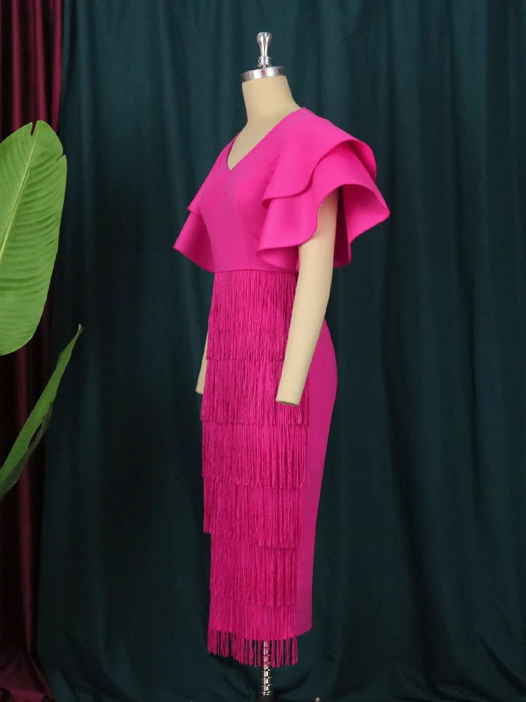 Rose Tassel Dress Plus Size 4XL Bodycon Slim Party Ruffles Short Sleeves V Neck Fringe Elegant Fashion Prom Evening Gowns 250506