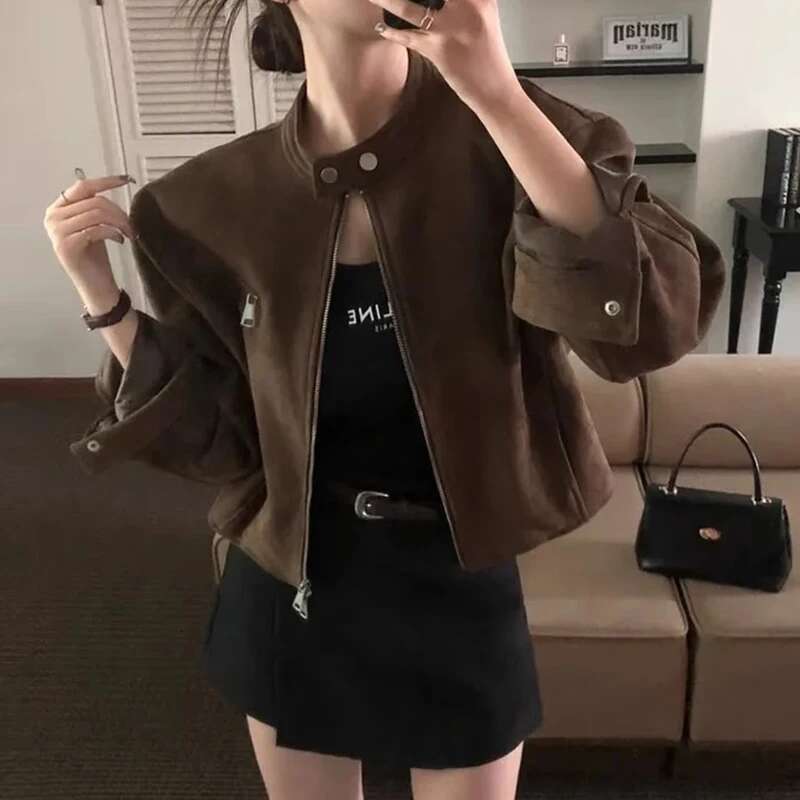 Korea Chic Autumn Retro Temperament Tops Stand Collar Zipper Pocket Loose Coats All-match Short Motorcycle Jacket Women