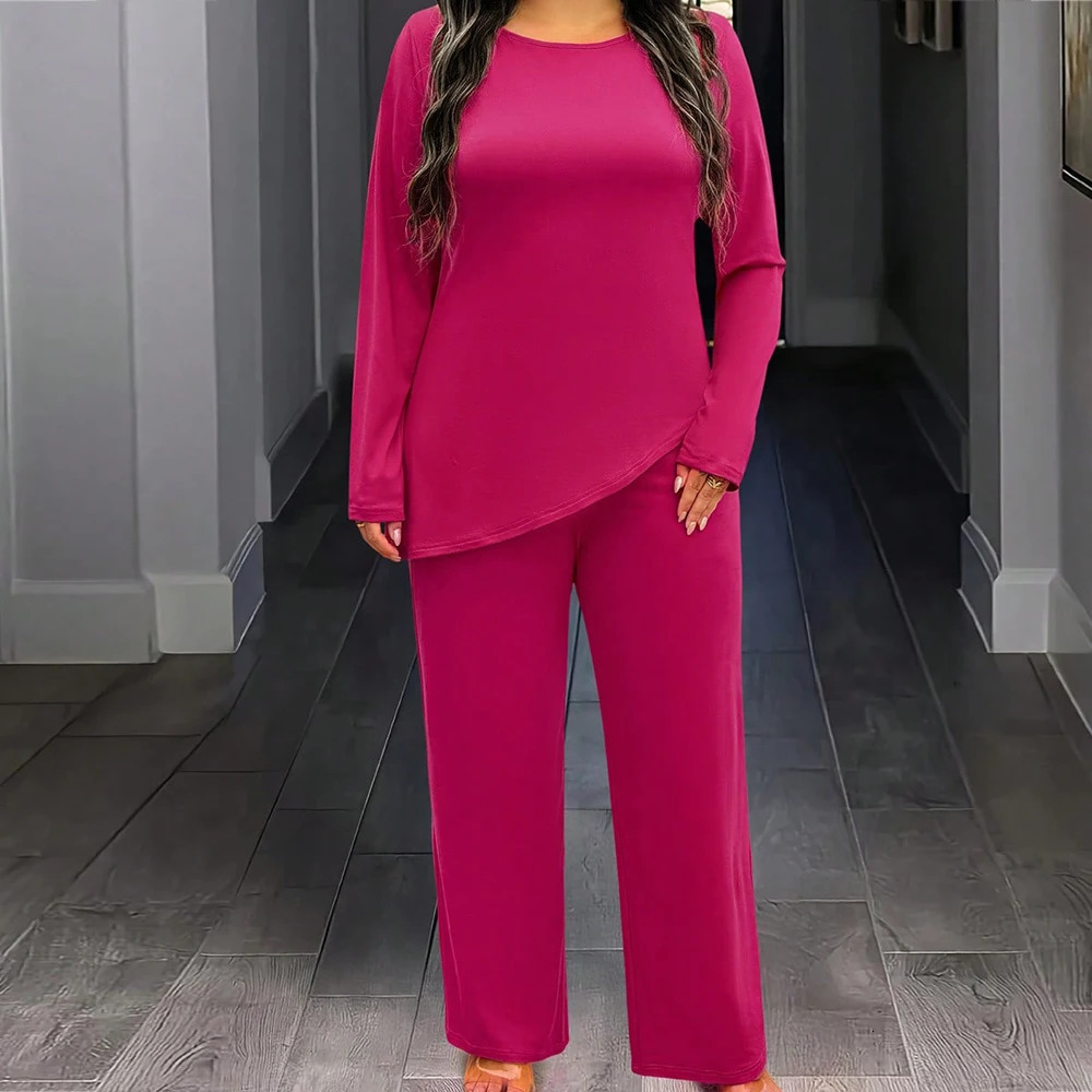 Large solid color knitted round neck long sleeved fashionable casual slim fit twopiece set for home outdoor loose and comfortable use 250427
