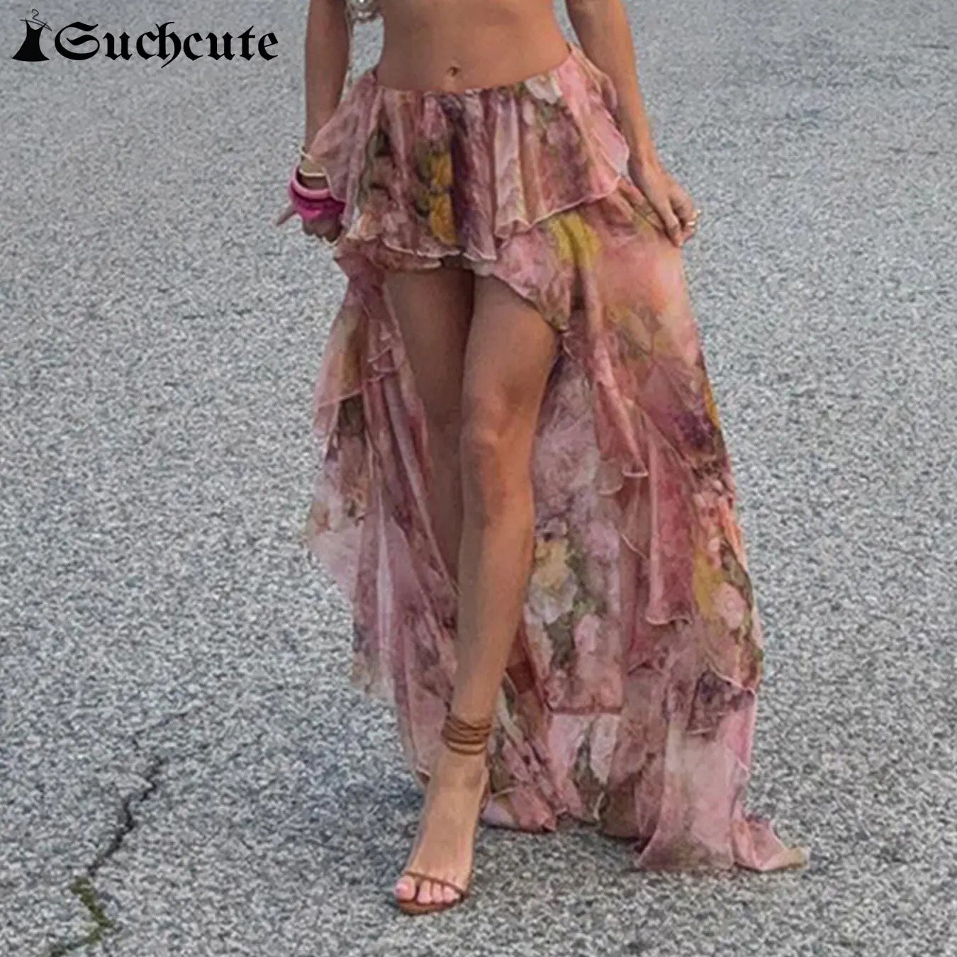 SUCHCUTE Y2K Vacation Floral Printed Long Skirts Holiday Beach Sexy Low Waist Aesthetics Lace Skirt Women Grunge Party Outfits 250514