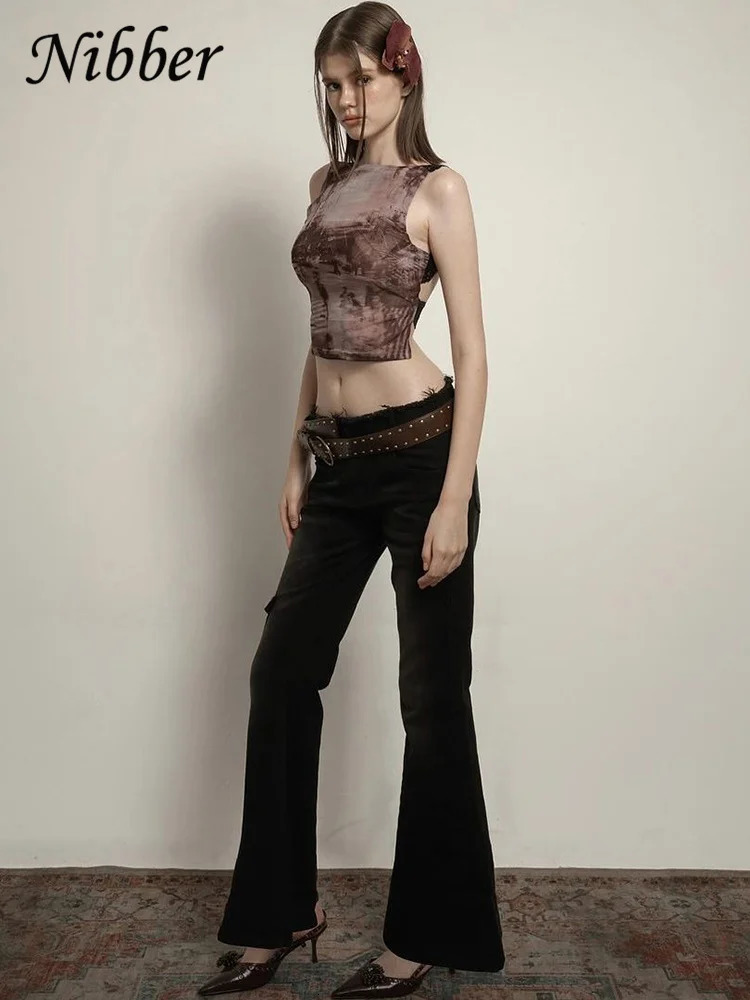 Nibber Y2K Sexy Tank Tops Summer Women tie Lace Backless Shoulder Straps Vintage Print Skinny Stretch Streetwear Wild Vest 250506