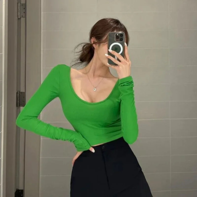 Womens Spring 2025 Basic Ultra Thin Tshirt Oneck Long Sleeve Solid Casual Top Elastic Flat Office Women 250506