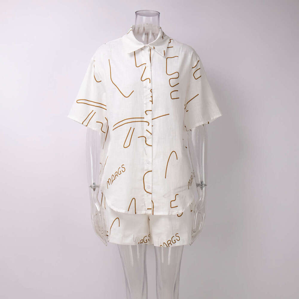 Women's Wear Short Sleeved Shirt And Shorts For Women In Summer , Casual Letter Abstract Line Printed Two-Piece Set