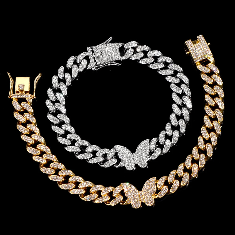 Fashion Shine Crystal Butterfly Miami Cuban Anklets for Women Iced Out Bling Cuban Link Chain Ankle Bracelet Beach Jewelry 250513