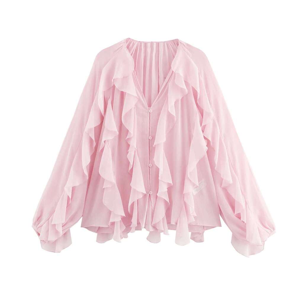 VEITCHE Spring Summer Women Fashion Casual Ruffles Blouses Semi-Sheer Loose V Neck Tiered Single Breasted Solid Color Chic Tops