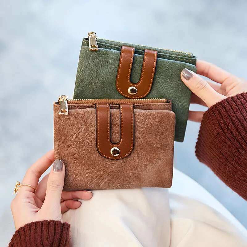 Women's PU Leather Short Wallet - Fashion Double Fold Design, Large Capacity Credit Card Holder with Color Contrast