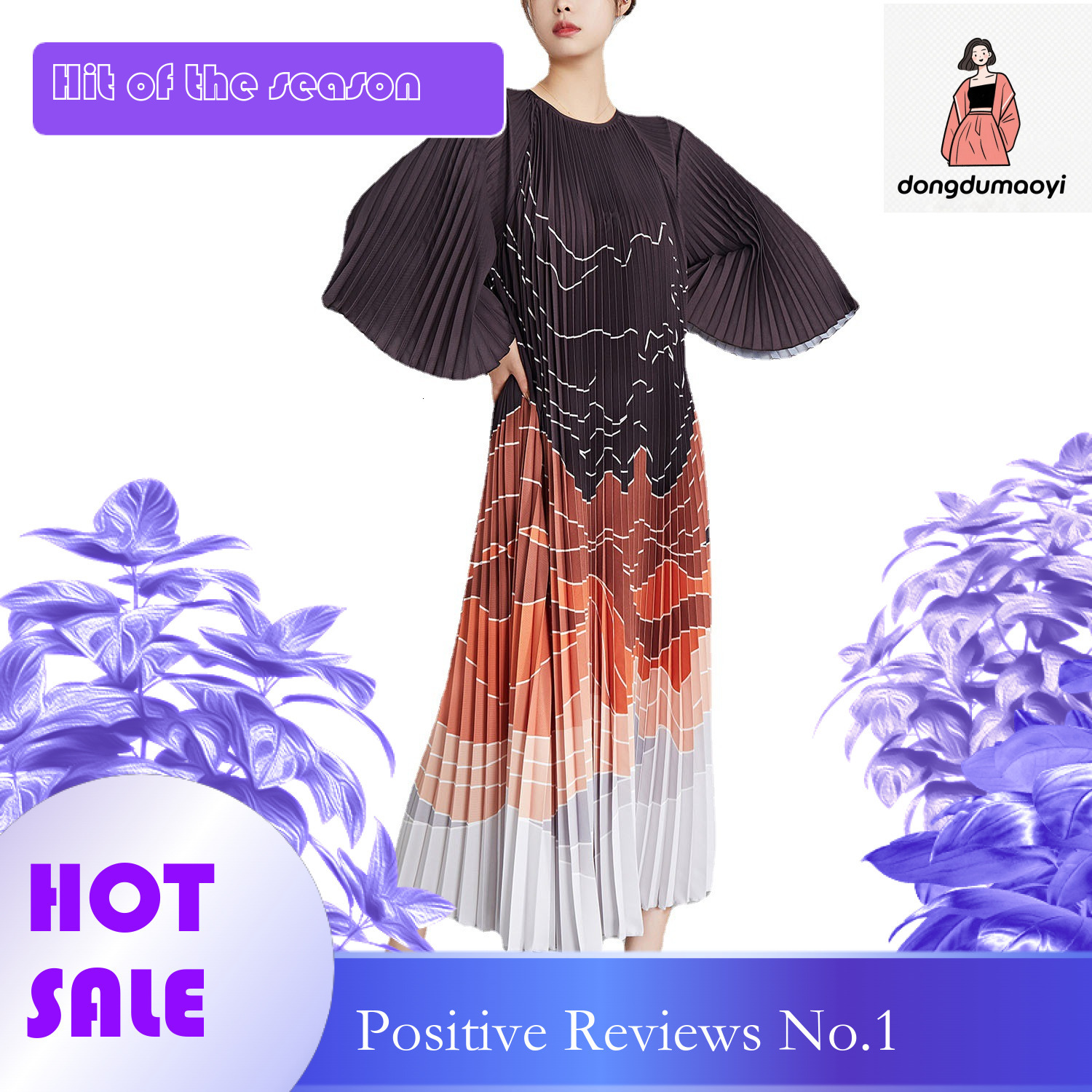 dongdumaoyi Women s skirt plus size loose printed accordion pleated three bedroom long sleeved dress for women
