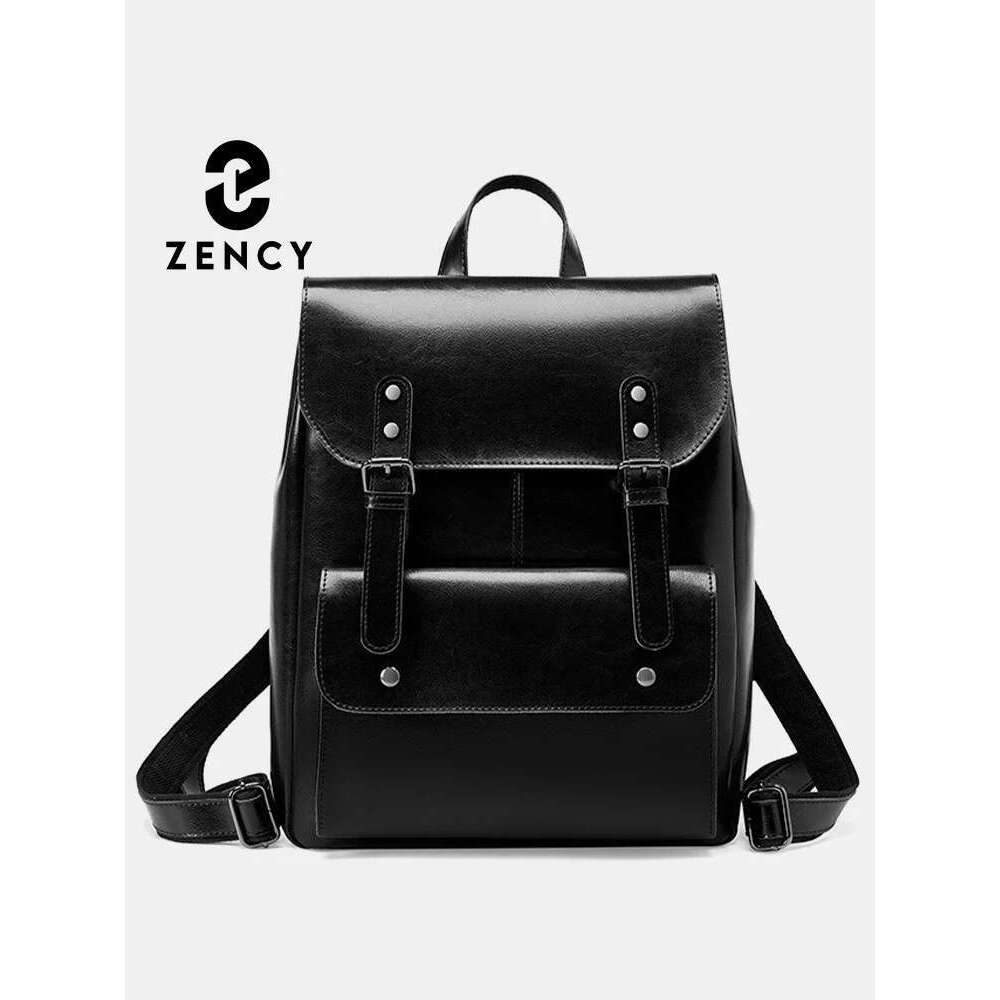 Zency Genuine Leather Women Travel Backpack Large Capacity For 14 Inch Laptop Rucksack Wear Resistant Oil Wax England Style Bag