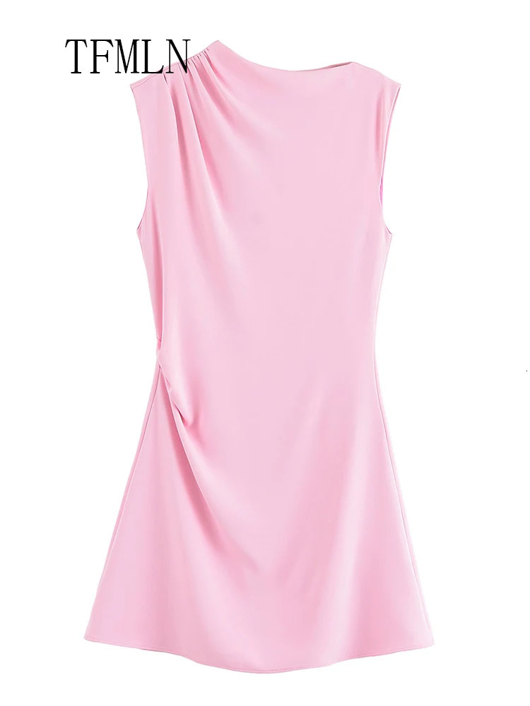 TFMLN Women Summer Asymmetrical Mini Dress Fashion Sweet Solid ONeck Sleeveless Elegant Street Pleated 250514